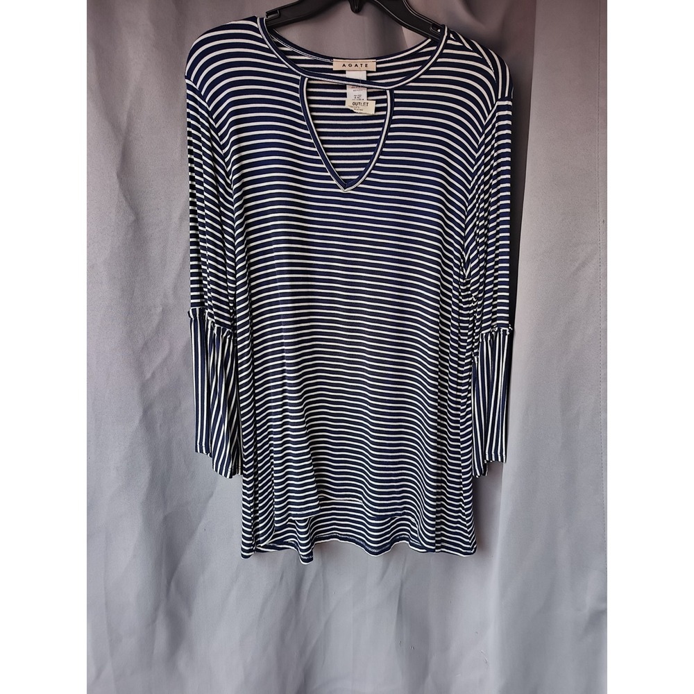 Agate Navy Blue White Striped Cutout V-Neck Bell Sleeve Tunic Top 8066-M Large